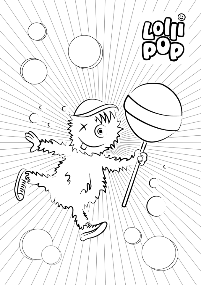 Planet Lollipop Ausmalbild mit Maskottchen Happy
