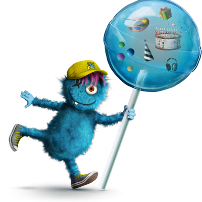 Blaues Monster, mit grüner Kappe und grauen Schuhen hält einen blauen Lolli in der Hand.