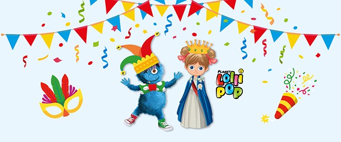 Logo von Lollipop im Faschingsthema. Das Maskotchen Happy mit Faschingskapperl und daneben eine Animierte Prinzessin, Rundherum sieht man Party-Deko