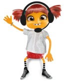 Mädchen, mit orangefarbener Haut und Kopfhörer. Sie winkt mit einer Hand.